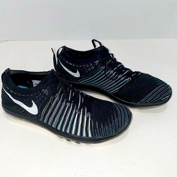 Nike Shoes - Nike Free Transform Flyknit Black Blue Striped Athletic Gym Shoes Trainers Sz 8